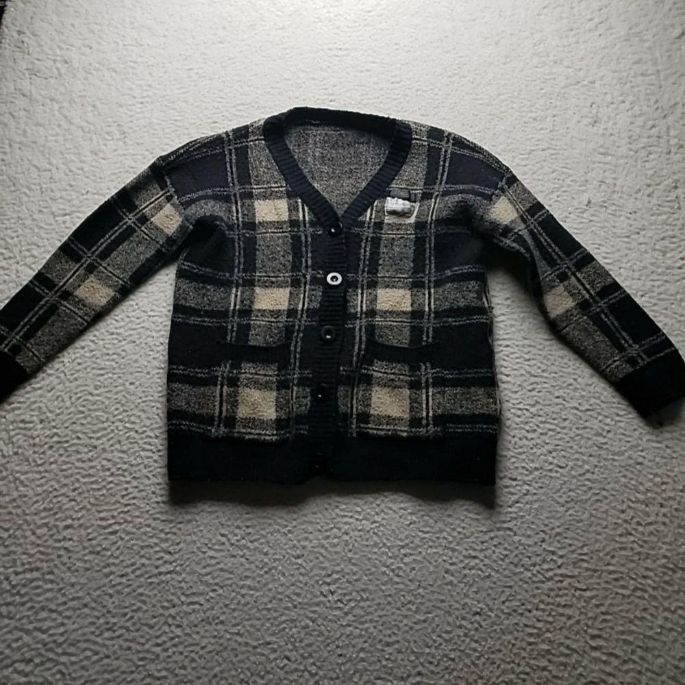 Dazy Cardigan Sweater Womens Small Black Plaid V Neck Button Pockets Knit